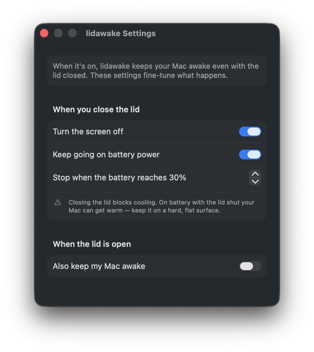 lidawake’s Settings window: plain-language switches for turning the screen off, keeping going on battery with a stop-at-battery-level control, and a friendly heat warning.